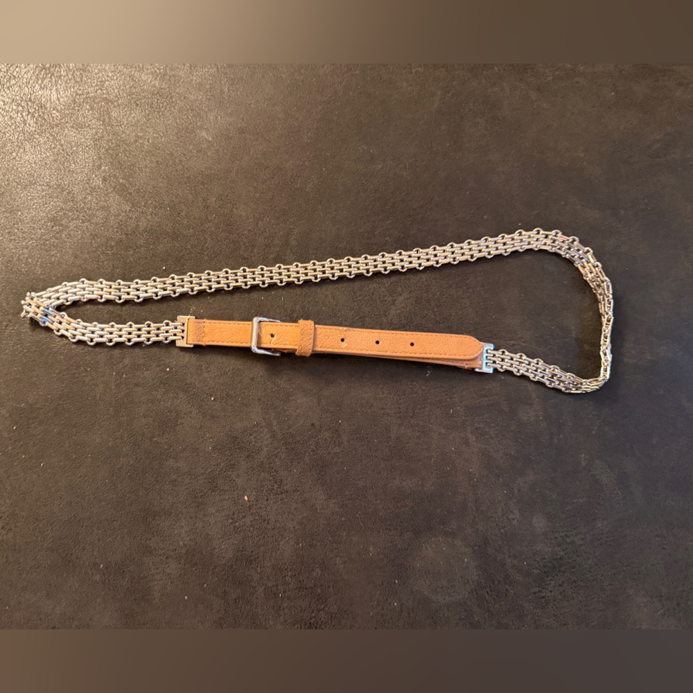 BCBGMaxAzria Tan Leather and Silver Chain Belt 45 inch